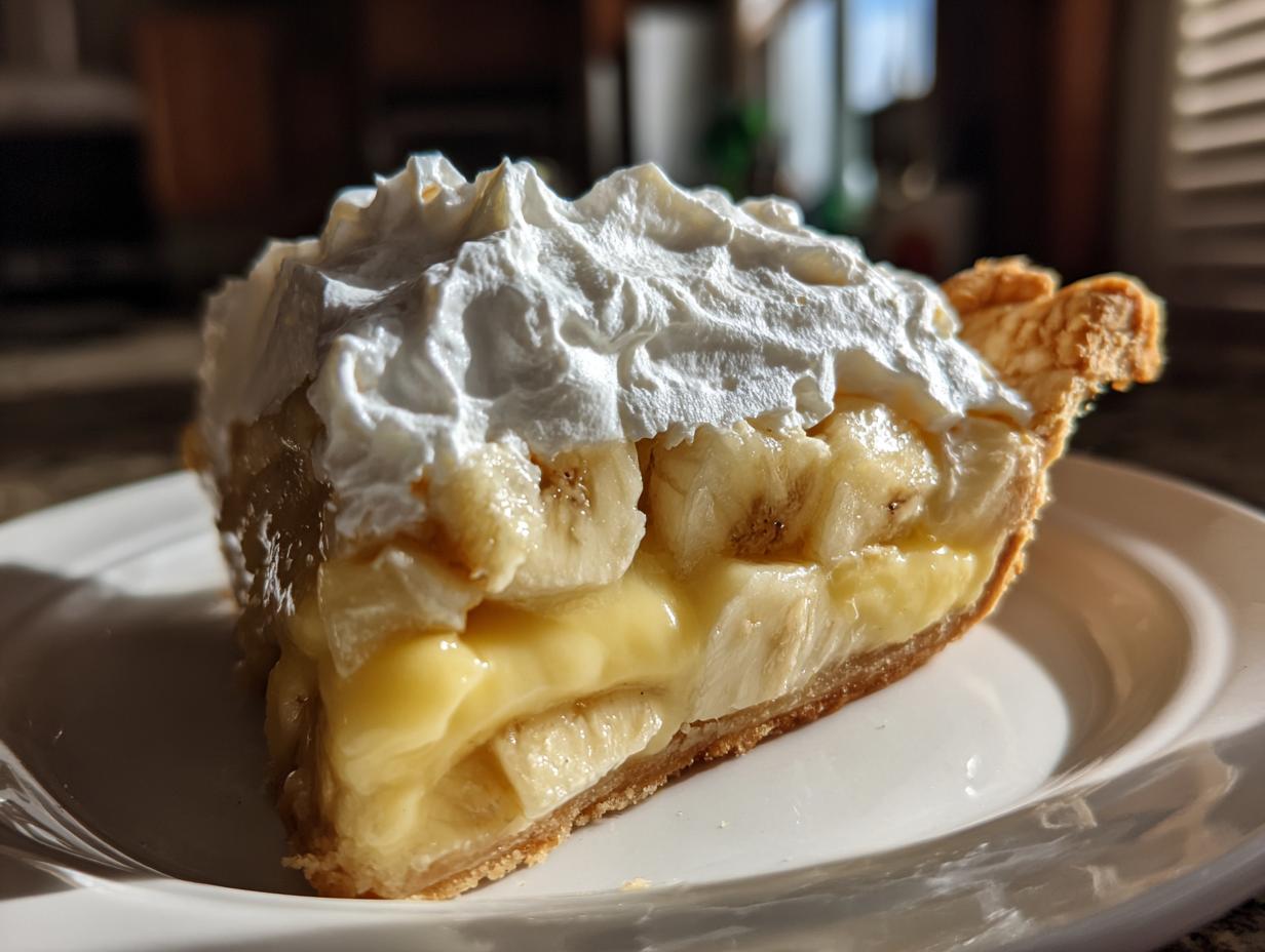 Close-up of a generous slice of banana cream pie showing layers of banana, custard, and a tall swirl of whipped cream.