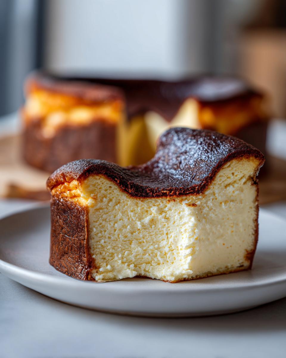 A close-up of a thick slice of Basque burnt cheesecake showing its creamy interior and dark caramelized top.