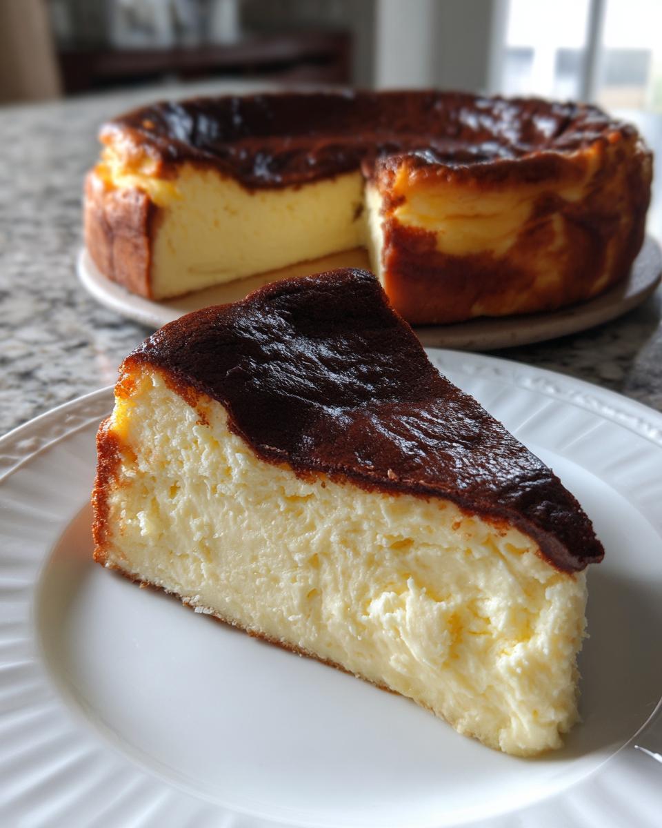 A perfect slice of Basque burnt cheesecake with a dark caramelized top and creamy interior, served on a white plate.
