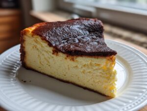 A close-up slice of creamy Basque cheesecake featuring a deeply caramelized, nearly burnt top, served on a white plate.