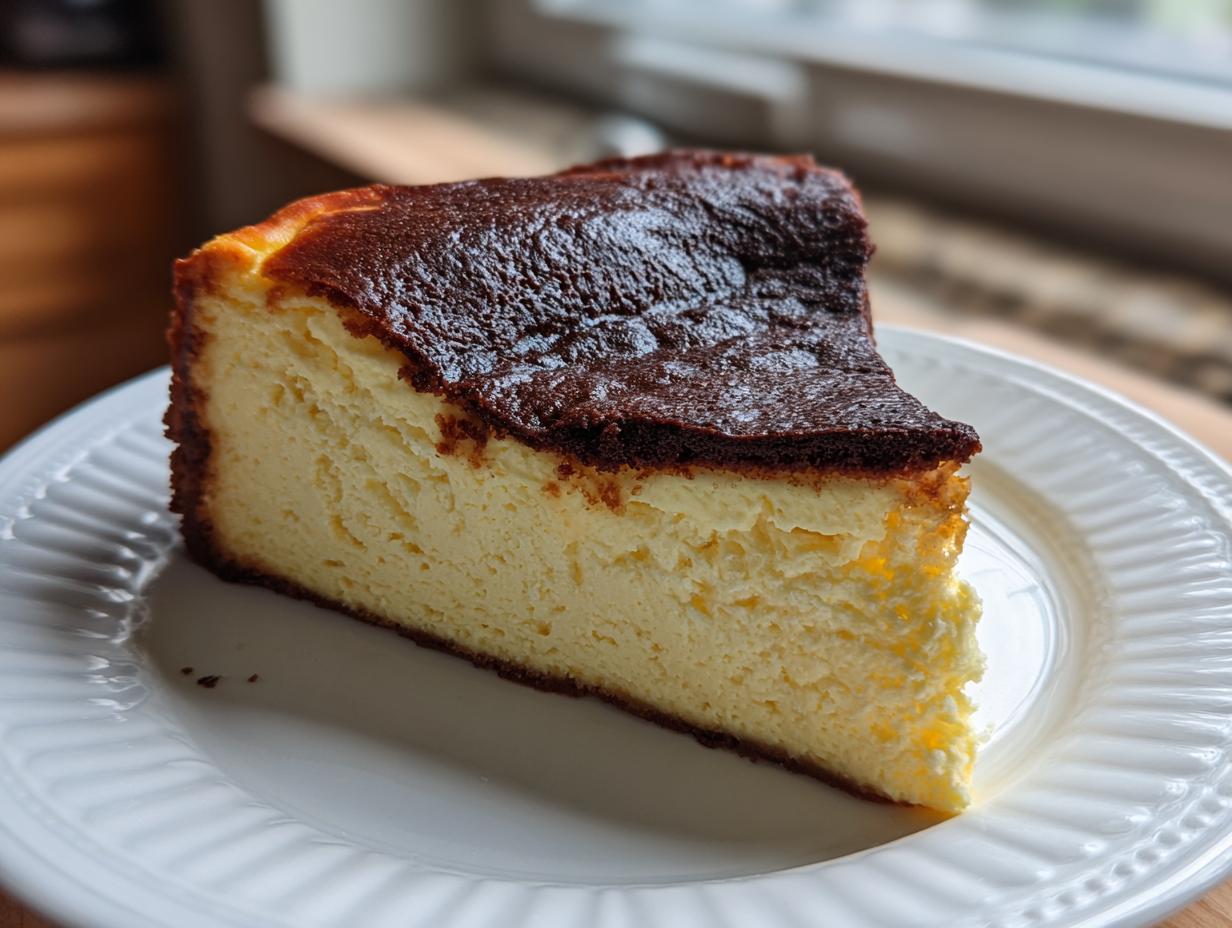A close-up slice of creamy Basque cheesecake featuring a deeply caramelized, nearly burnt top, served on a white plate.
