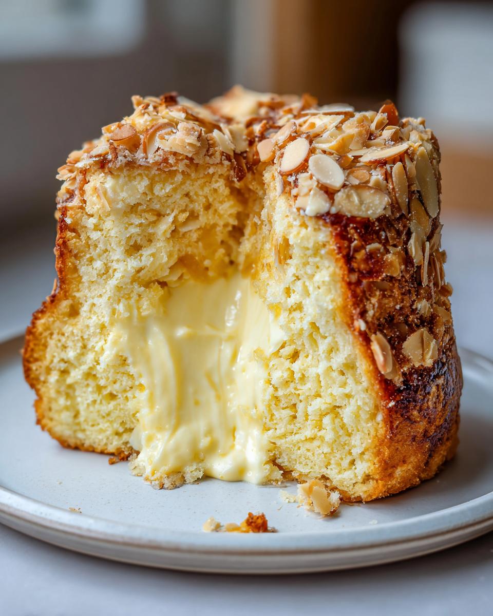 A cross-section of a rich bee sting cake showing a thick, creamy vanilla filling oozing out, topped with toasted almonds.