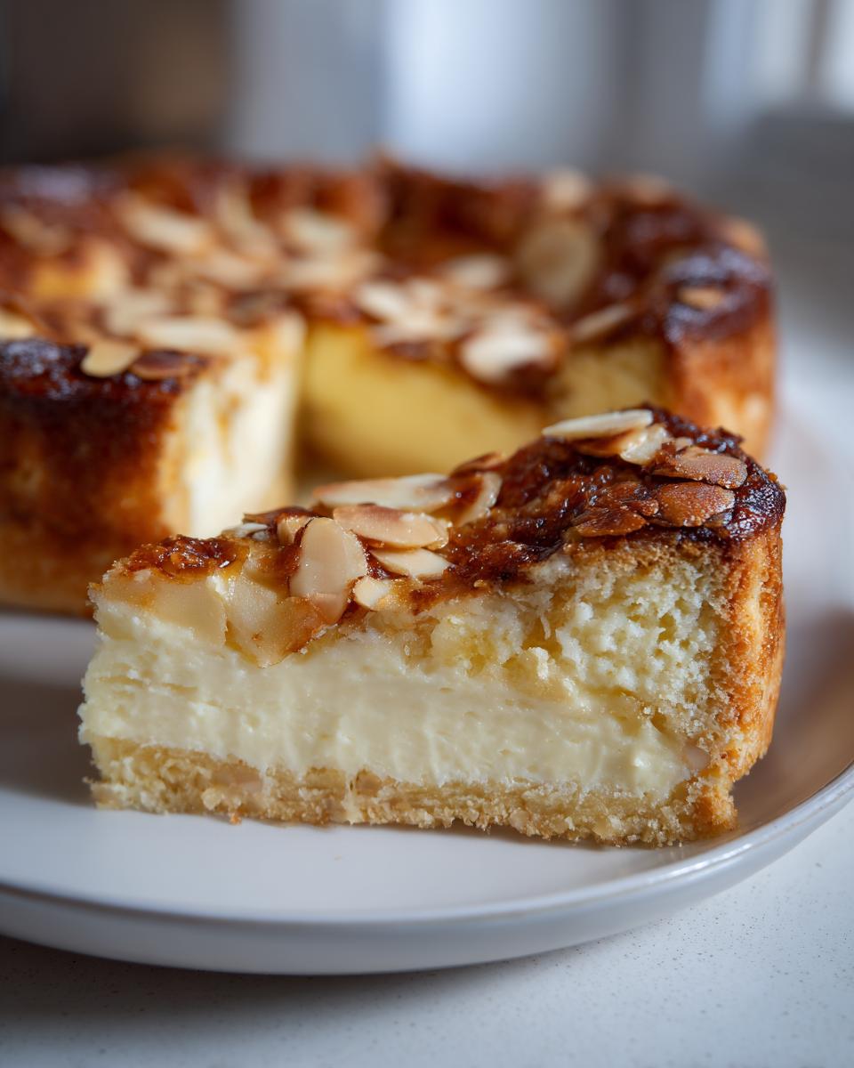 A close-up slice of amazing bee sting cake showing the thick cream filling, cake base, and caramelized almond topping.