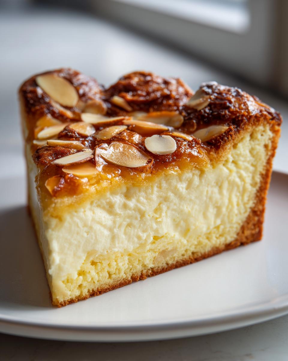 Close-up of a thick slice of bee sting cake showing the creamy filling, sponge base, and caramelized almond topping.