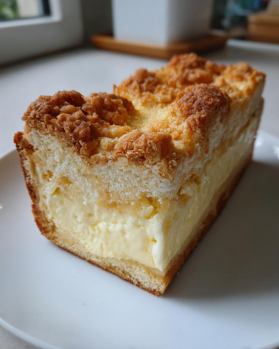 A thick slice of bee sting cake featuring a rich vanilla cream filling and a crunchy, golden crumb topping.