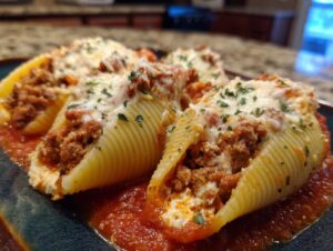Close-up of baked beef stuffed shells topped with melted cheese and parsley, sitting in rich tomato sauce.