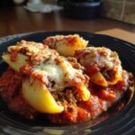 Four baked beef stuffed shells topped with melted mozzarella cheese and marinara sauce, ready to eat.