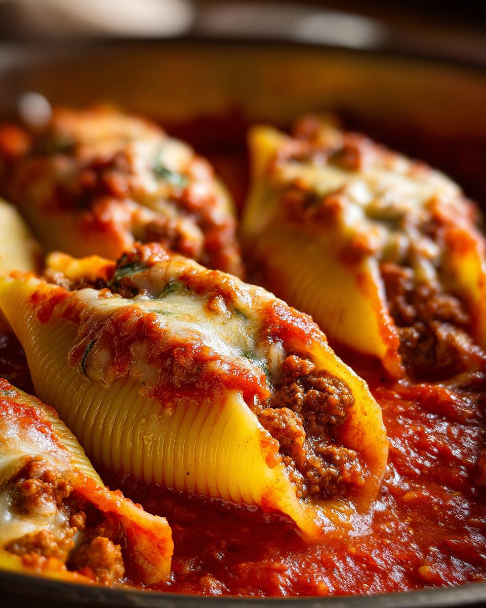 Close-up of baked beef stuffed shells covered in melted cheese and rich tomato sauce.