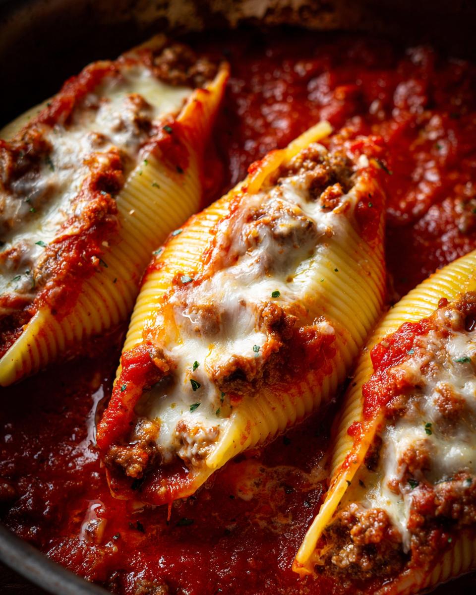 Three jumbo pasta shells filled with beef and topped with melted mozzarella cheese, baked in rich tomato sauce for amazing stuffed shells.