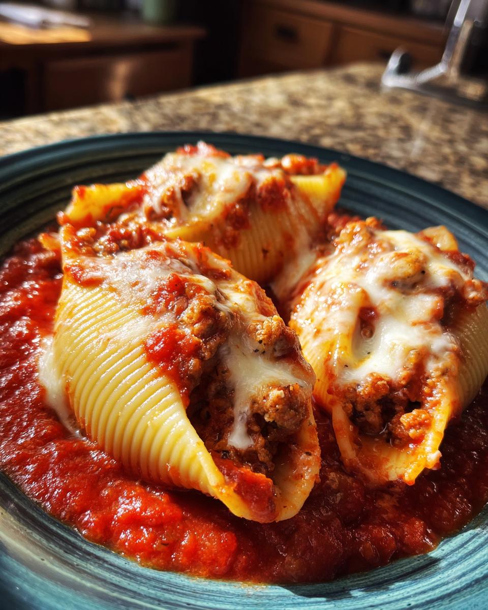 Three baked beef stuffed shells covered in marinara sauce and melted mozzarella cheese, served on a teal plate.