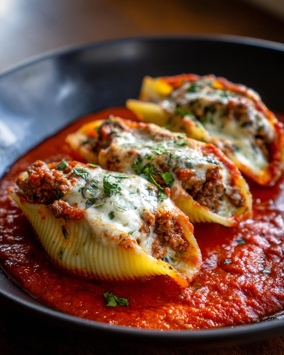 Three baked beef stuffed shells covered in melted mozzarella cheese and fresh parsley, sitting in a rich tomato sauce.