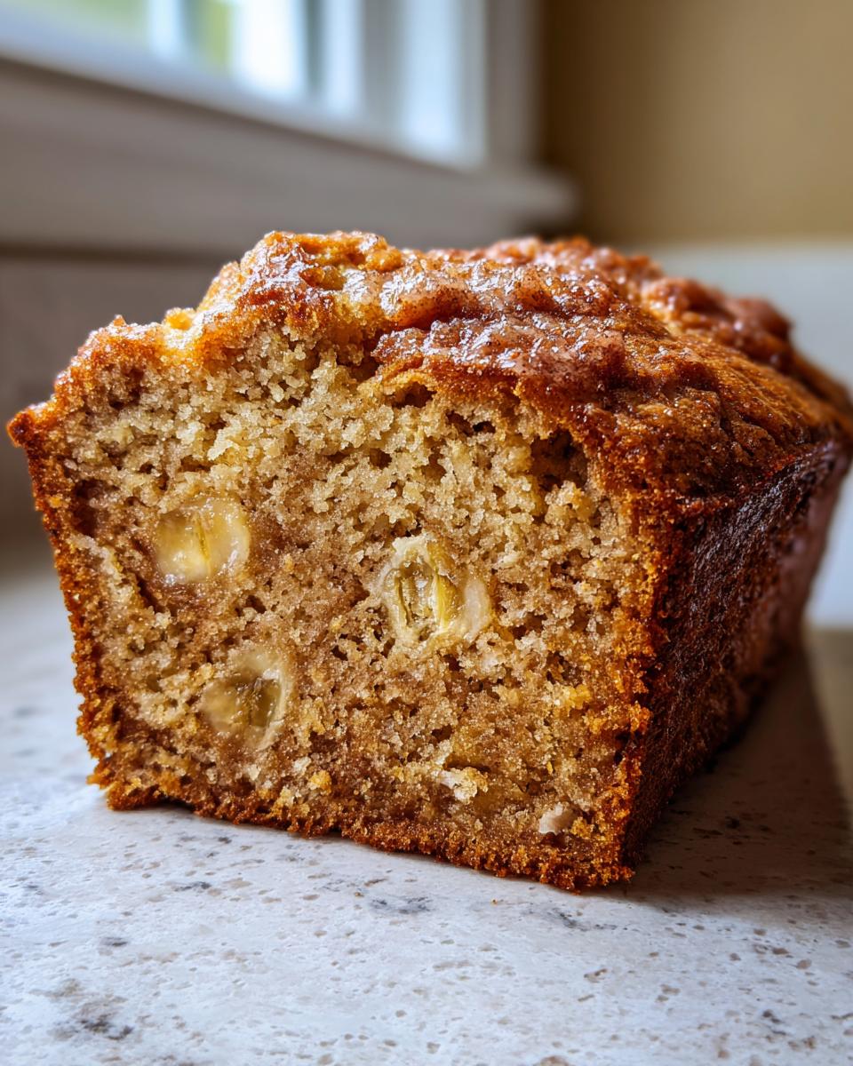 Close-up of a moist slice showing the texture and banana chunks in the best banana bread.