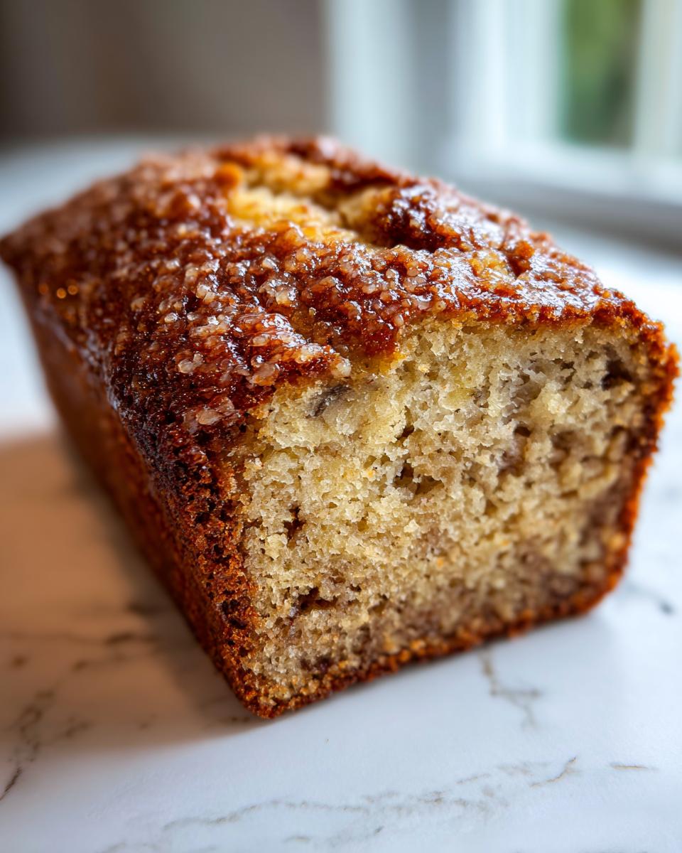 Close-up of a freshly baked loaf of best banana bread showing a moist crumb and a glistening, caramelized sugar crust.
