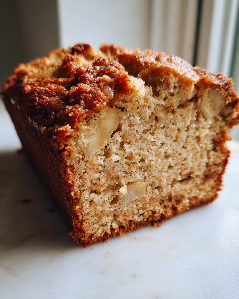 Close-up of a moist slice of the best banana bread showing a golden-brown crust and visible chunks of walnuts inside.