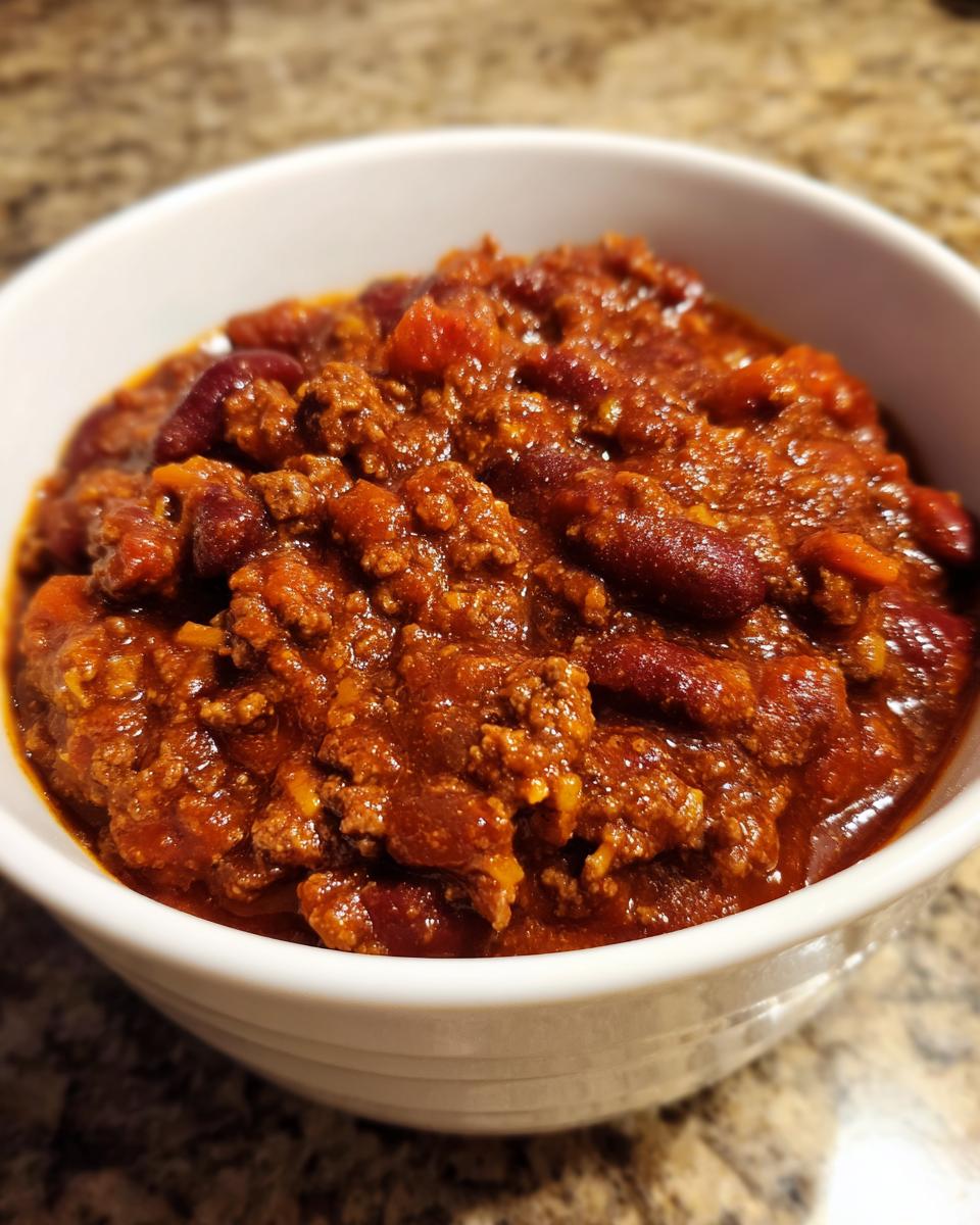 Close-up of a white bowl filled with rich, hearty chili containing ground meat and kidney beans.
