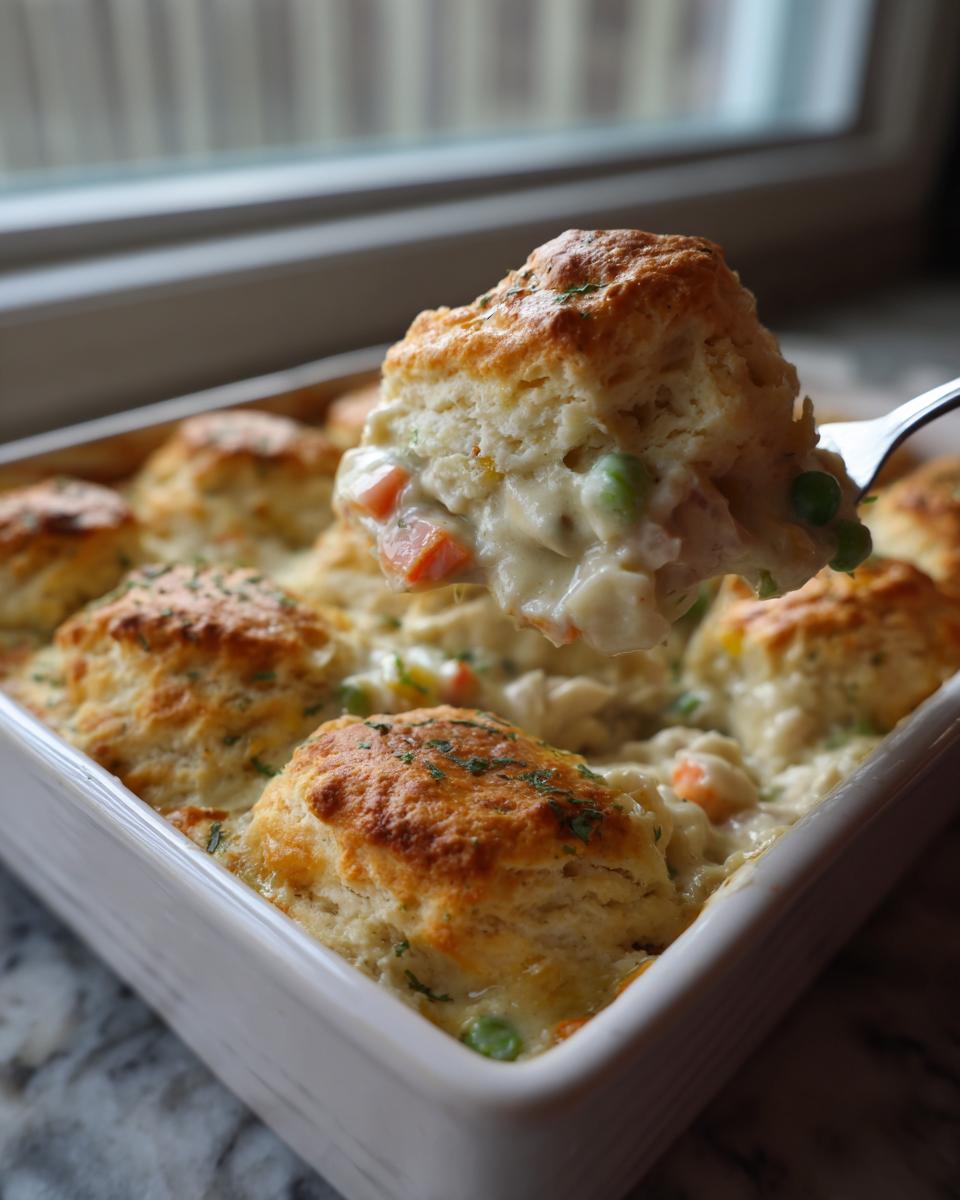 A fork lifts a biscuit piece dripping with creamy filling from a baked chicken pot pie casserole.