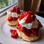 Close-up of two delicious biscuit shortcake servings topped with macerated strawberries and whipped cream on a white plate.