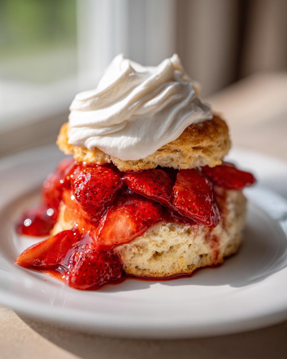 A close-up of a delicious biscuit shortcake layered with macerated strawberries and topped with whipped cream.