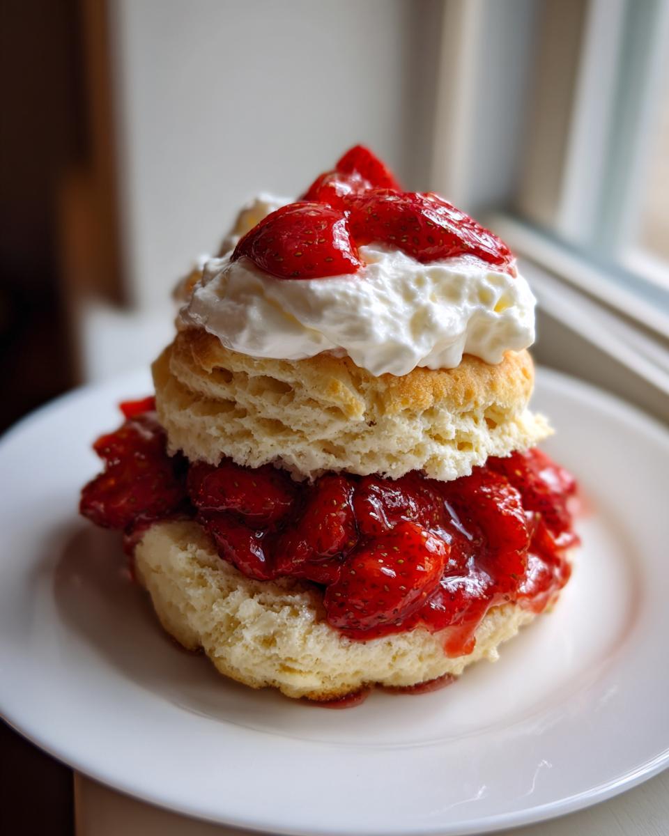 A tall, layered biscuit shortcake filled with macerated strawberries and topped with whipped cream.