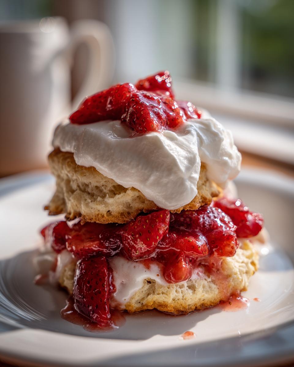 Close-up of a delicious biscuit shortcake layered with macerated strawberries and whipped cream.