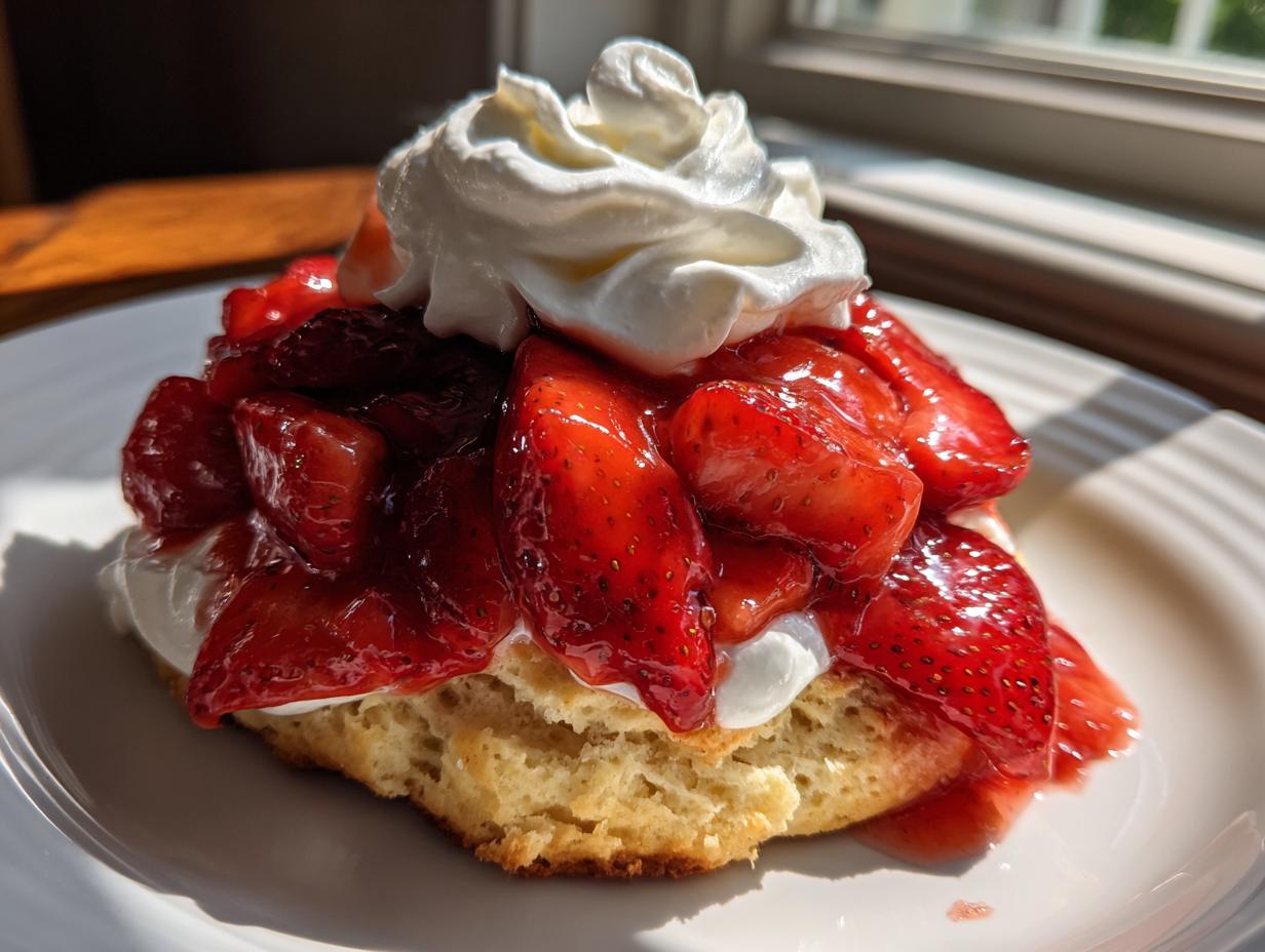 A close-up of a delicious biscuit shortcake topped with macerated strawberries and a swirl of whipped cream.