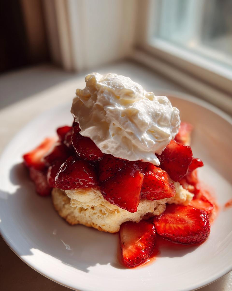 A close-up of a fluffy biscuit shortcake loaded with macerated strawberries and topped with a dollop of whipped cream.