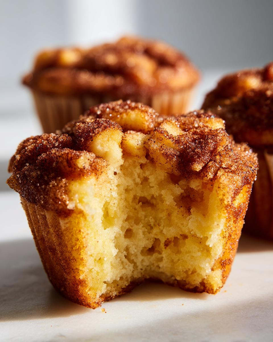 Close-up of a french toast muffin with a bite taken out, showing the soft interior and cinnamon sugar topping.
