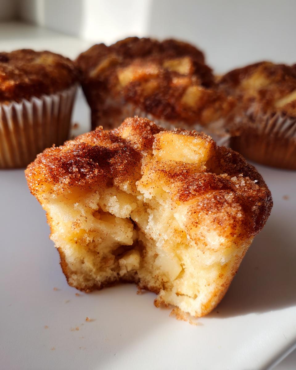 Close-up of a french toast muffin with a bite taken out, showing soft interior and cinnamon sugar topping.