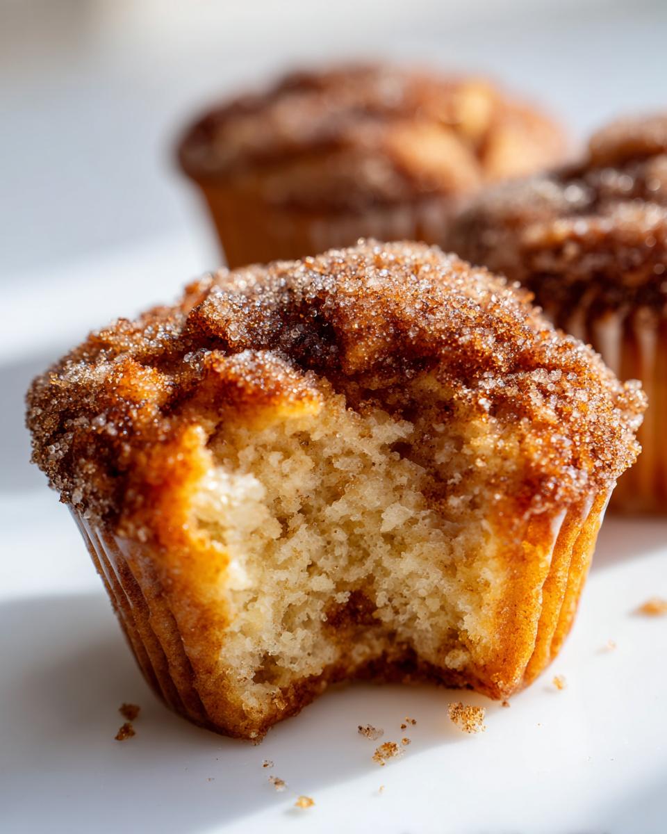 Close-up of a french toast muffins with a bite taken out, showing the soft interior and crunchy cinnamon sugar topping.