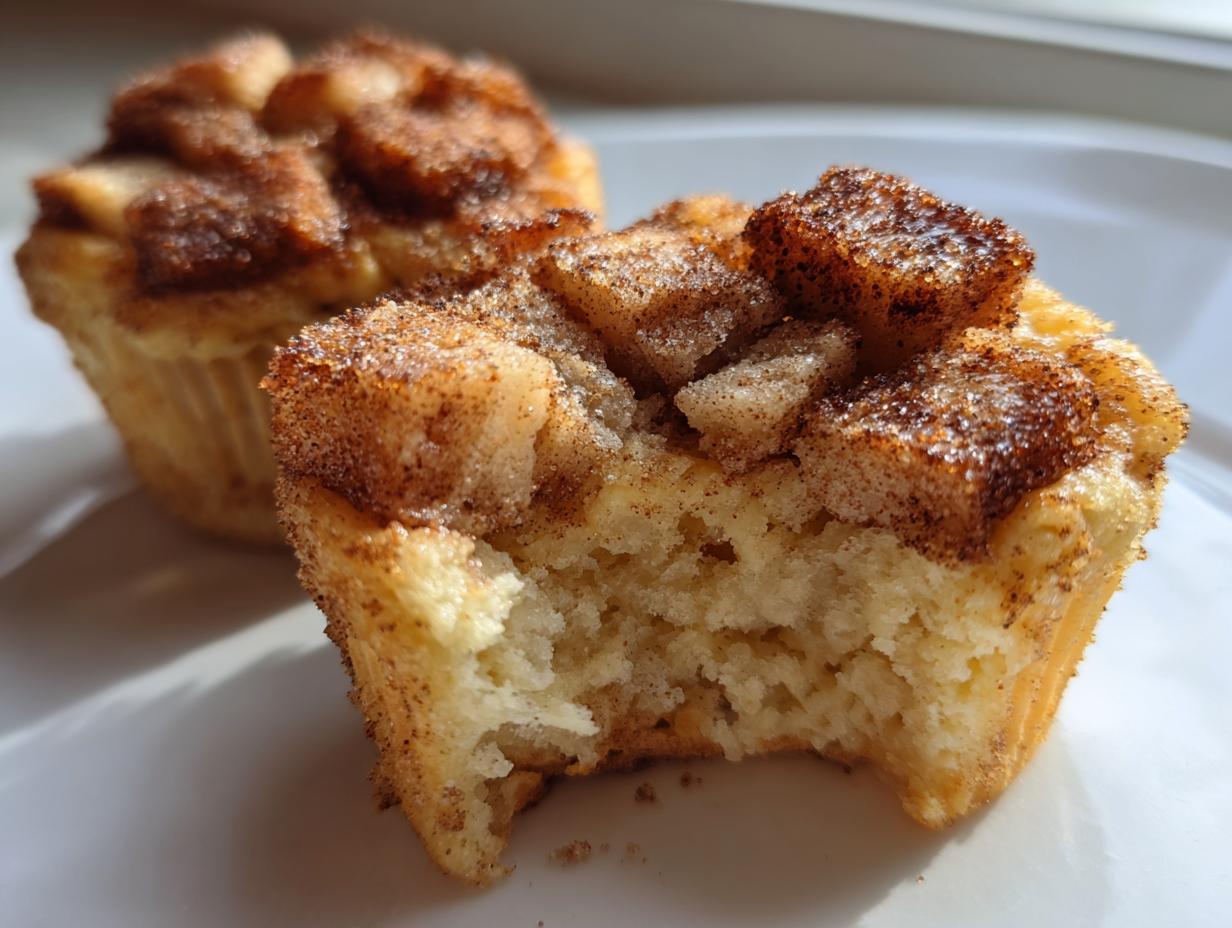 Close-up of a delicious french toast muffins with a bite taken out, showing the soft interior and cinnamon sugar topping.