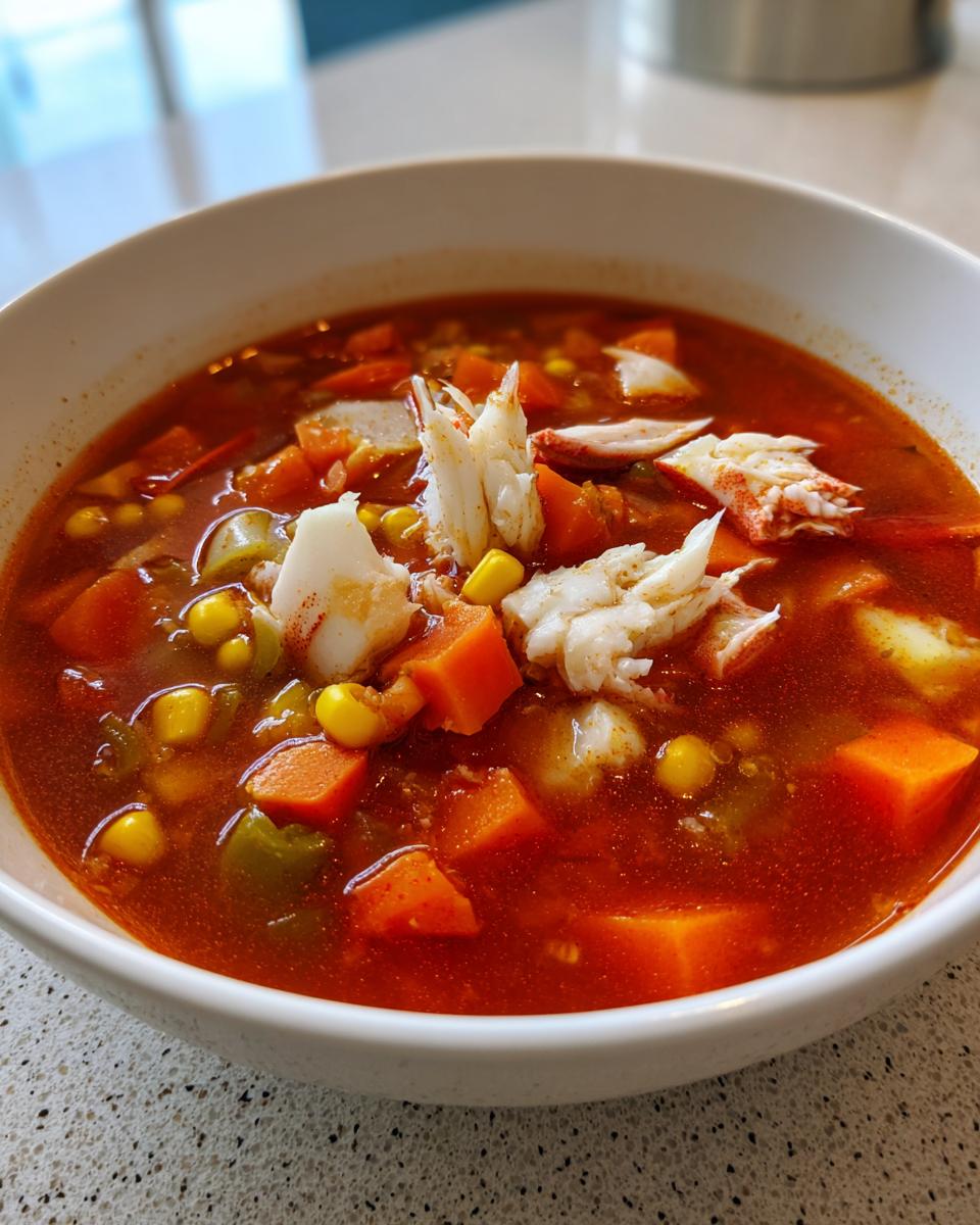 Close-up of a bowl of rich, red maryland crab soup topped with large chunks of white lump crab meat, carrots, and corn.