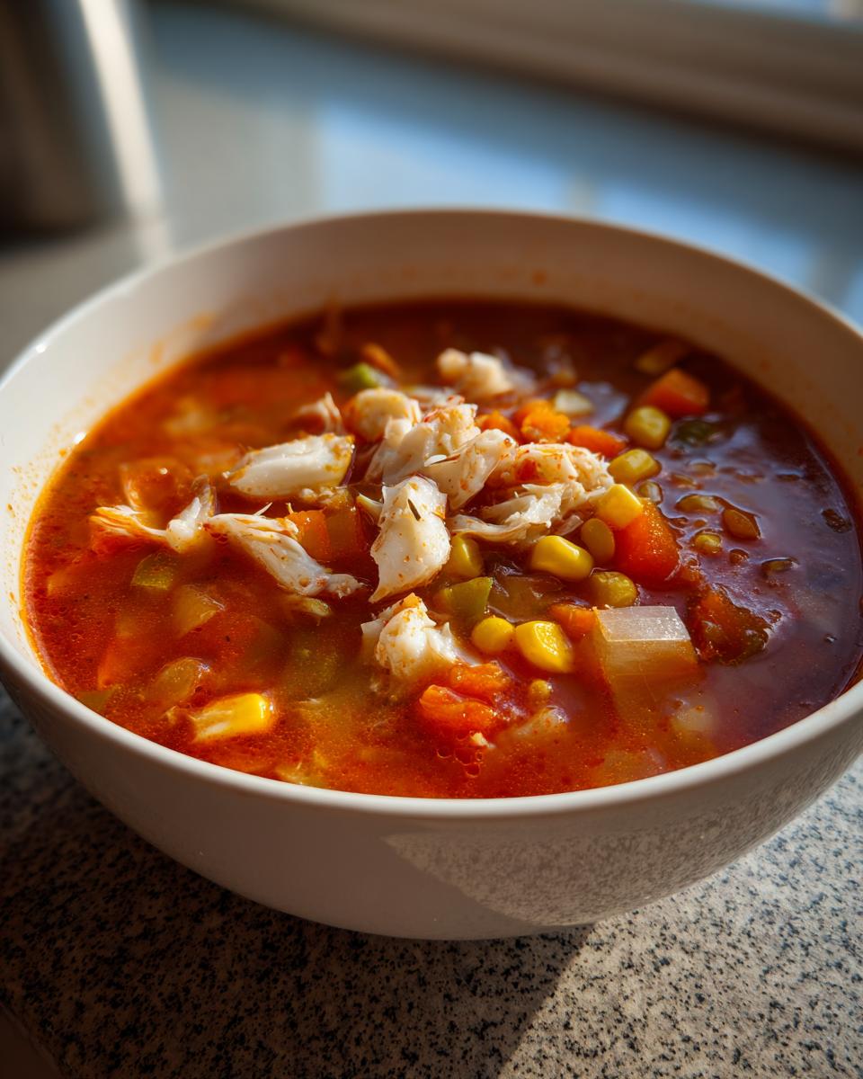Close-up of a white bowl filled with rich, red maryland crab soup, topped with generous flakes of white crab meat and vegetables.