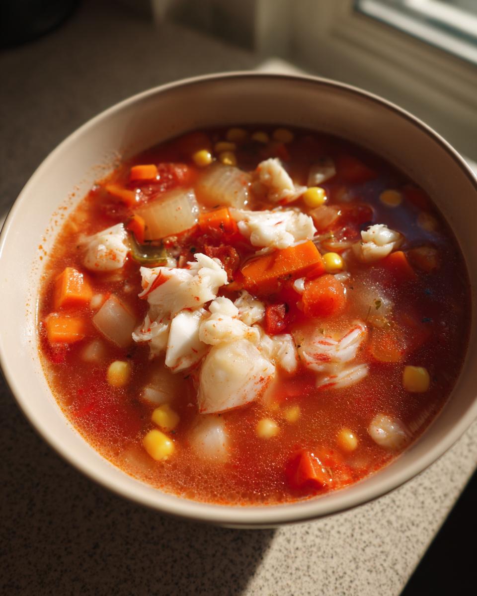 Close-up of a bowl of steaming maryland crab soup, featuring large chunks of white crab meat, carrots, corn, and tomatoes in a red broth.