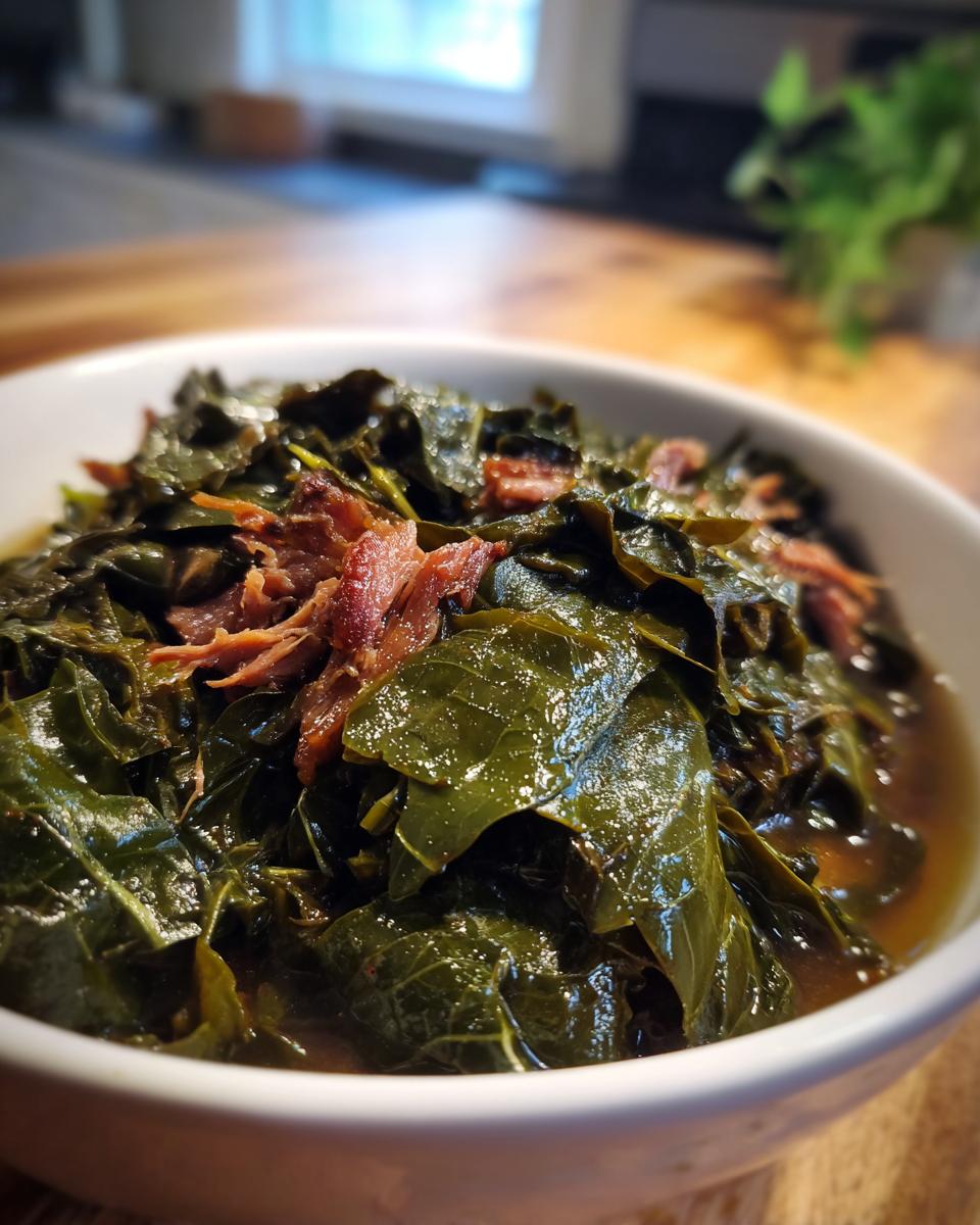 Close-up of a white bowl filled with rich, dark green collard greens simmered in broth and topped with shredded smoked meat.