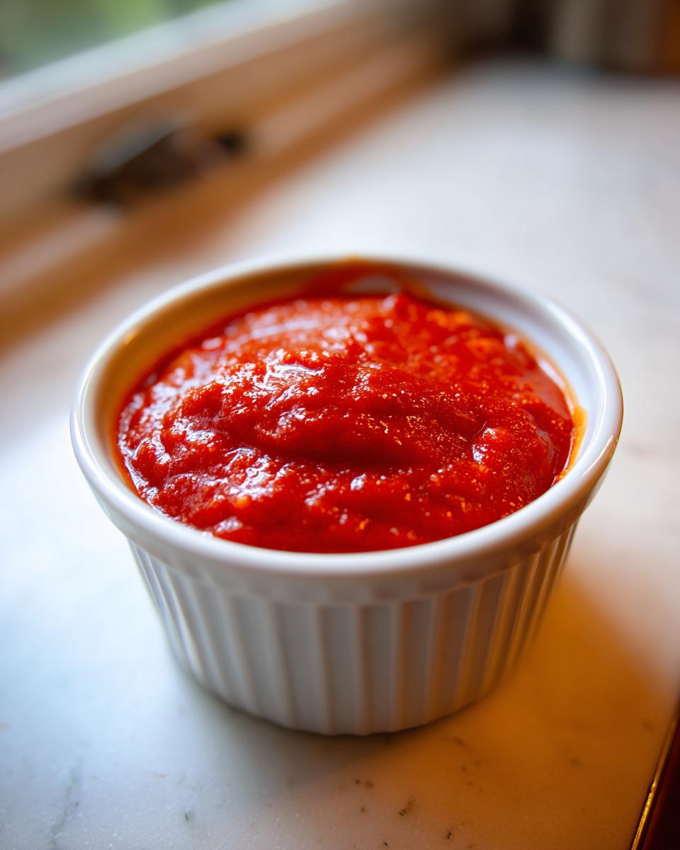 A close-up of bright red homemade cocktail sauce served in a small white fluted ramekin.