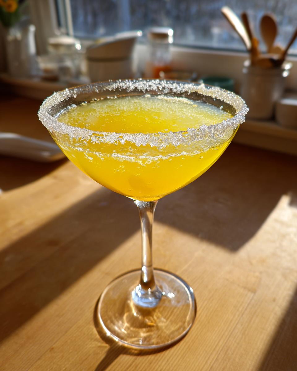 A bright yellow lemon drop martini in a coupe glass with a thick sugar rim, sitting on a wooden counter in natural sunlight.