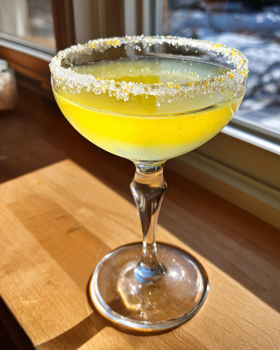 A bright yellow lemon drop martini in a coupe glass with a thick sugar and lemon zest rim, sitting on a wooden surface.