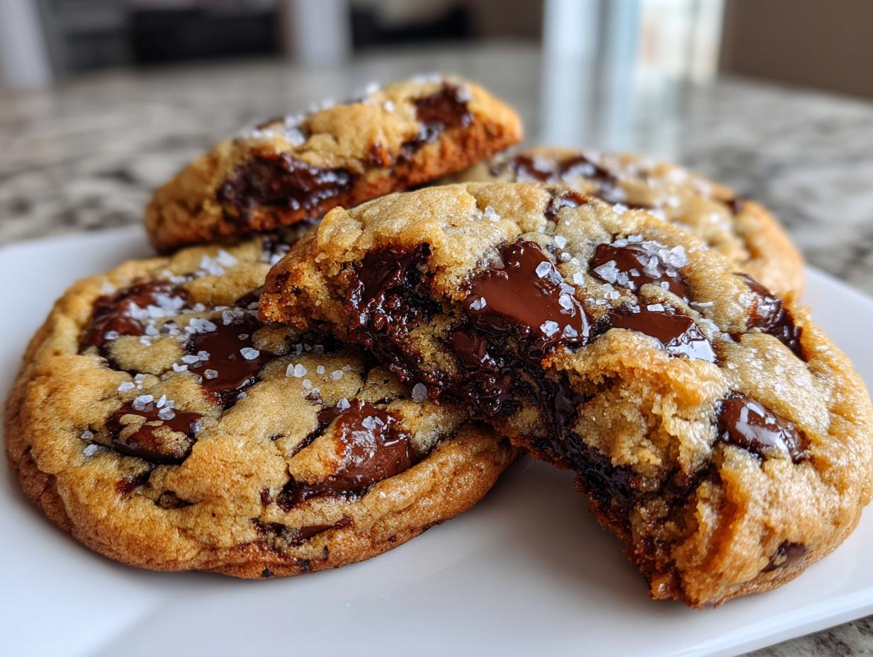 Close-up of gooey brown butter chocolate chip cookies, one broken open to show melted centers and sea salt.