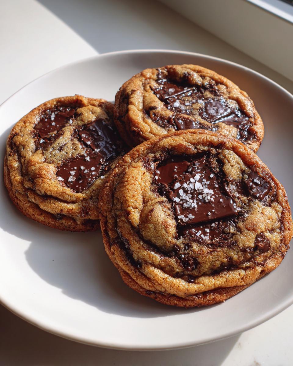 Three decadent brown butter chocolate chip cookies topped with melted chocolate chunks and flaky sea salt.