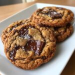 Close-up of freshly baked brown butter chocolate chip cookies topped with melted chocolate chunks and flaky sea salt.