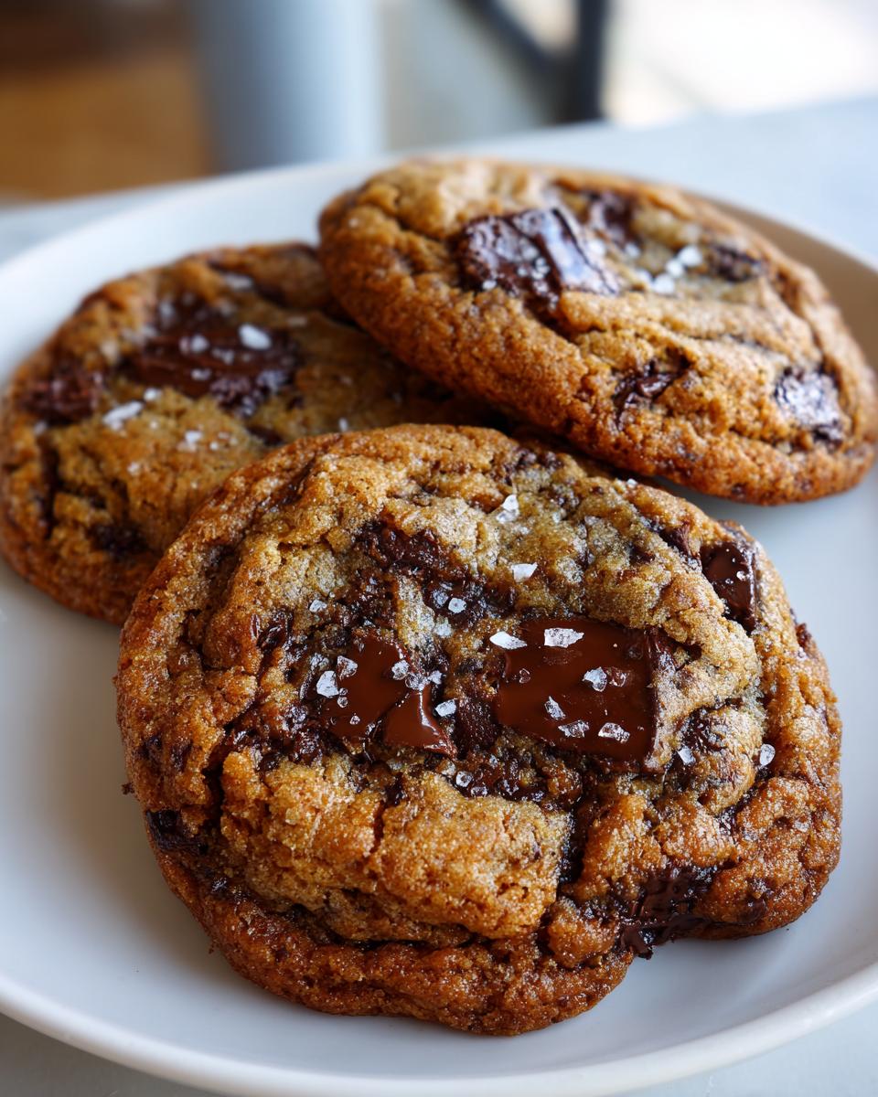 Close-up of three thick, chewy brown butter chocolate chip cookies topped with flaky sea salt.