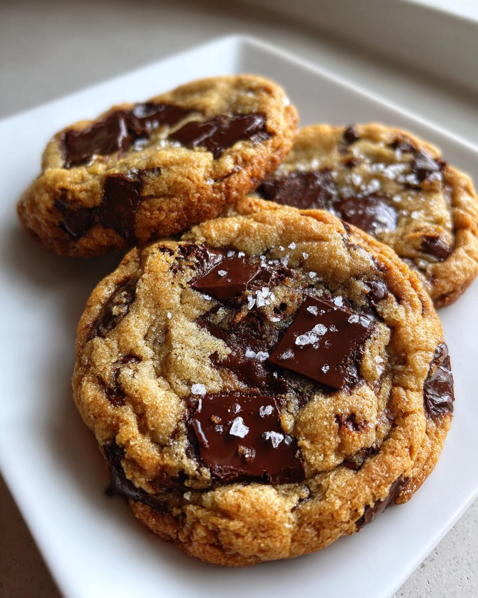 Three gooey brown butter chocolate chip cookies topped with melted dark chocolate chunks and flaky sea salt.