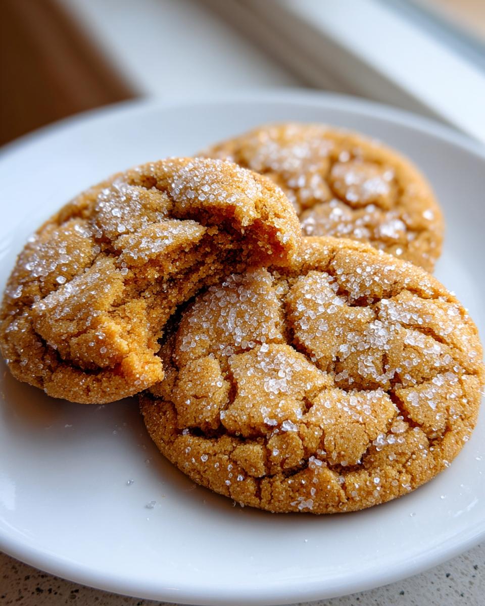 Close-up of three chewy brown butter sugar cookies rolled in coarse sugar, one broken open.