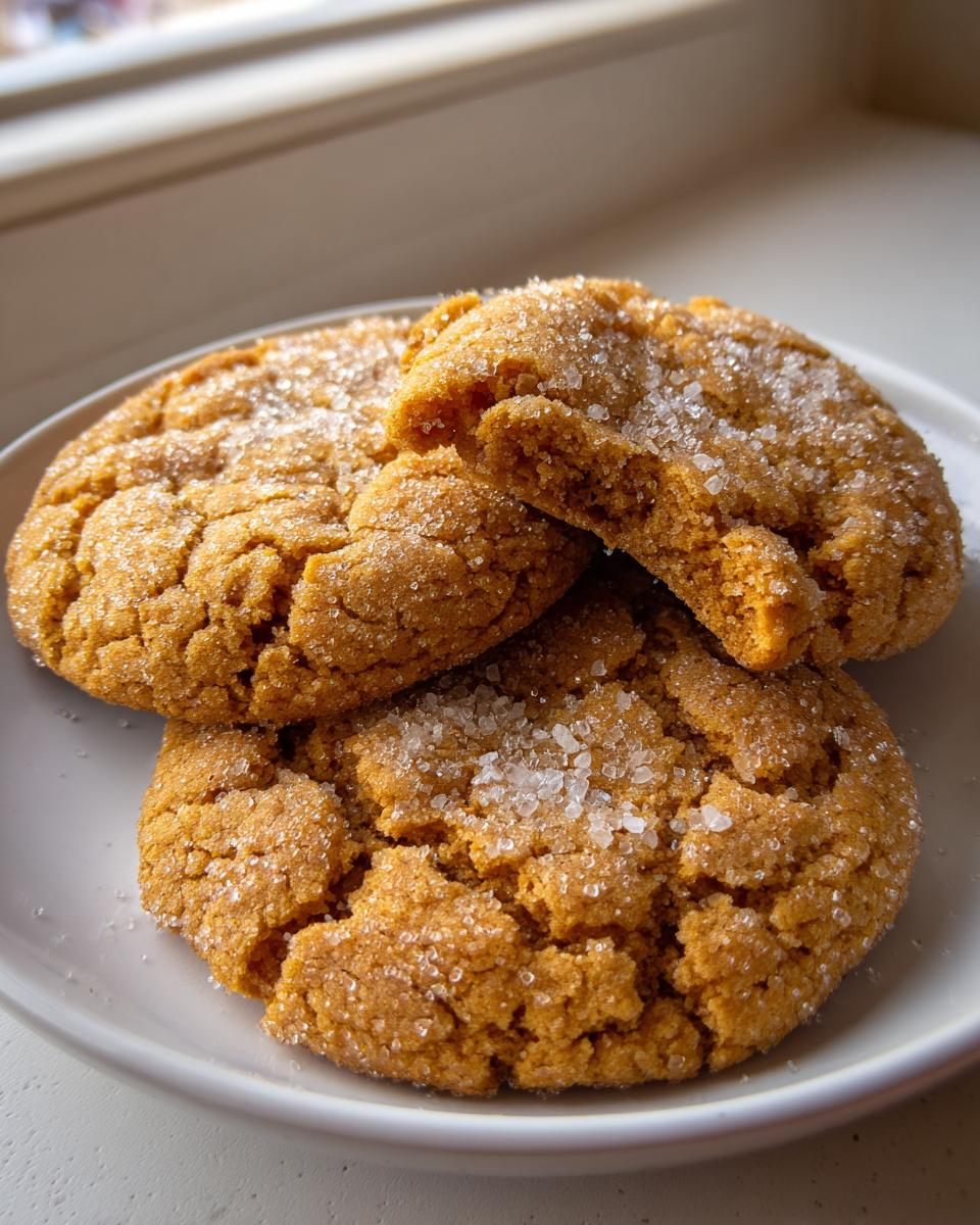 Three soft, crinkled brown butter sugar cookies piled on a white plate, heavily coated in sparkling granulated sugar.