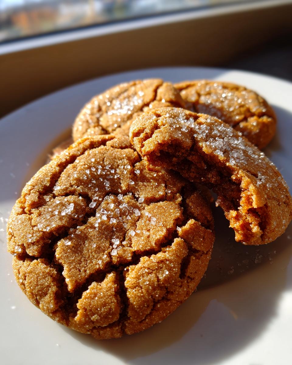 Close-up of cracked brown butter sugar cookies sprinkled with coarse sugar, one cookie broken open.