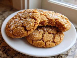 Three rich, crinkled brown butter sugar cookies generously topped with coarse sparkling sugar on a white plate.