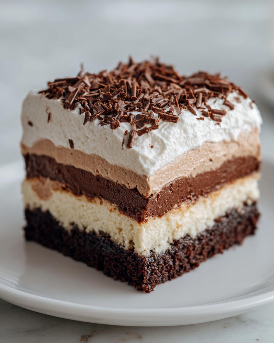A decadent slice of brownie refrigerator cake showing four distinct layers topped with whipped cream and chocolate shavings.
