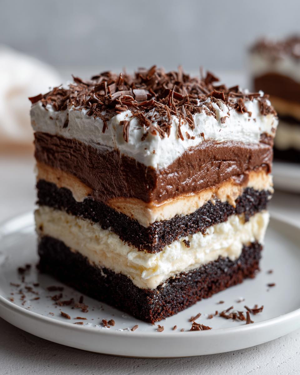 A decadent, layered slice of brownie refrigerator cake topped with whipped cream and chocolate shavings.