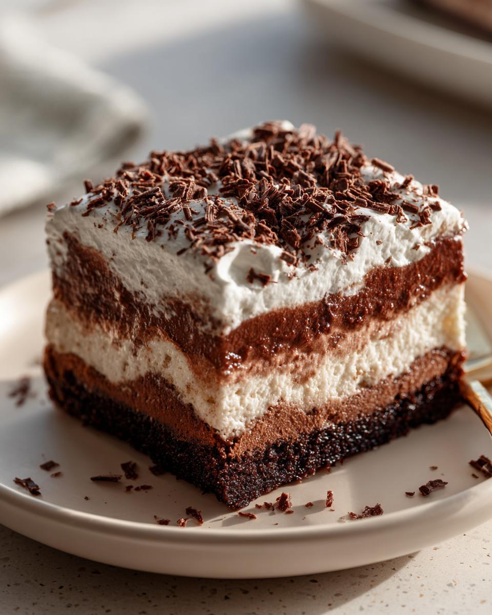 A decadent square slice of brownie refrigerator cake showing layers of dark brownie, chocolate mousse, white cream, and topped with chocolate shavings.