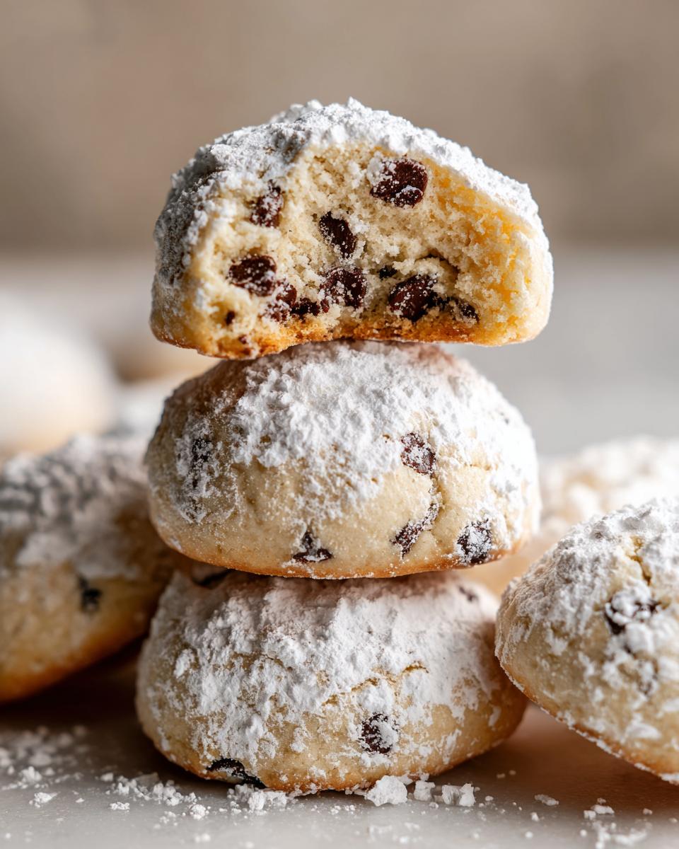 A stack of three powdered sugar-dusted cannoli cookies, with the top one broken open to show the raisin-filled interior.